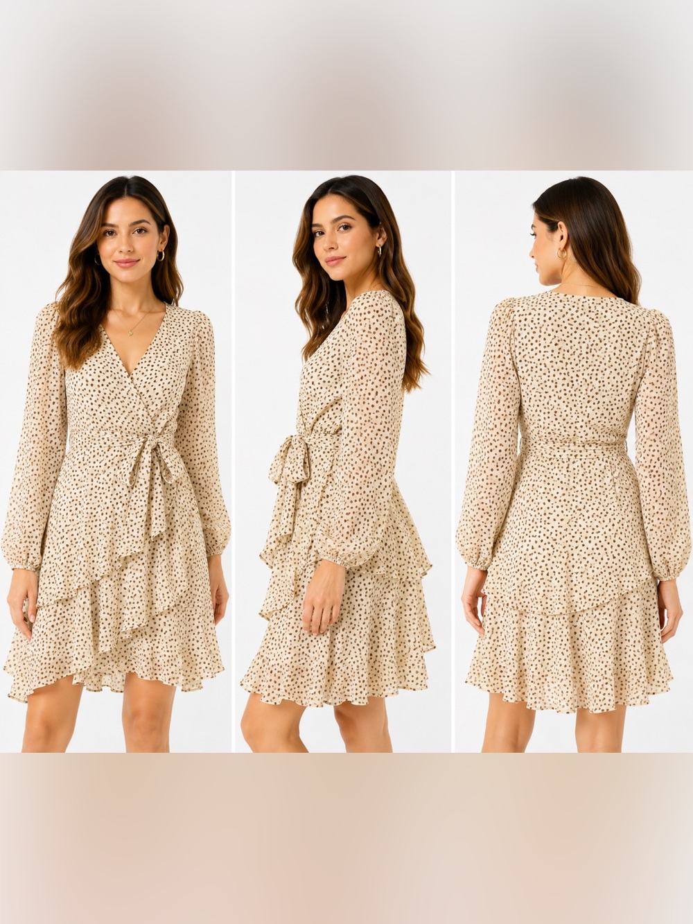 Japna Beige Printed Wrap Ruffle Long Sleeve Dress with Tie Waist